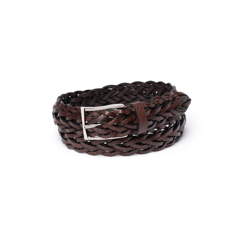 Espresso Brown Braided Calf Leather Square Buckle Belt