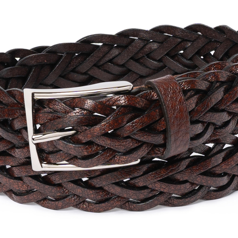 Espresso Brown Braided Calf Leather Square Buckle Belt