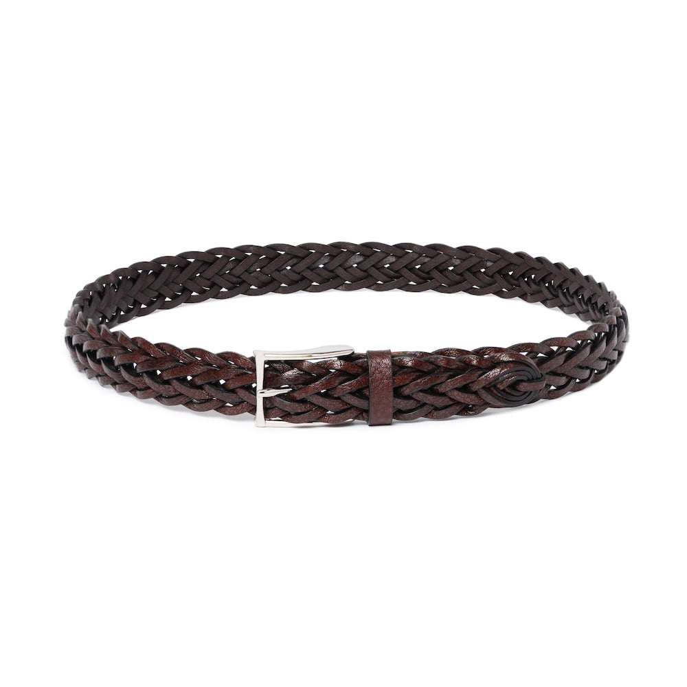 Espresso Brown Braided Calf Leather Square Buckle Belt