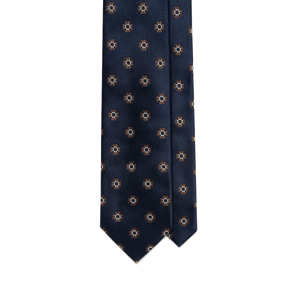 Brown Clover Pattern Dark Navy Satin Silk Tie