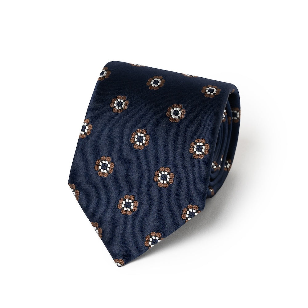 Brown Clover Pattern Dark Navy Satin Silk Tie