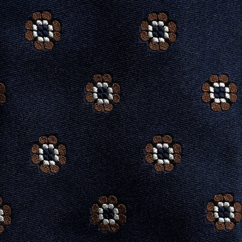 Brown Clover Pattern Dark Navy Satin Silk Tie