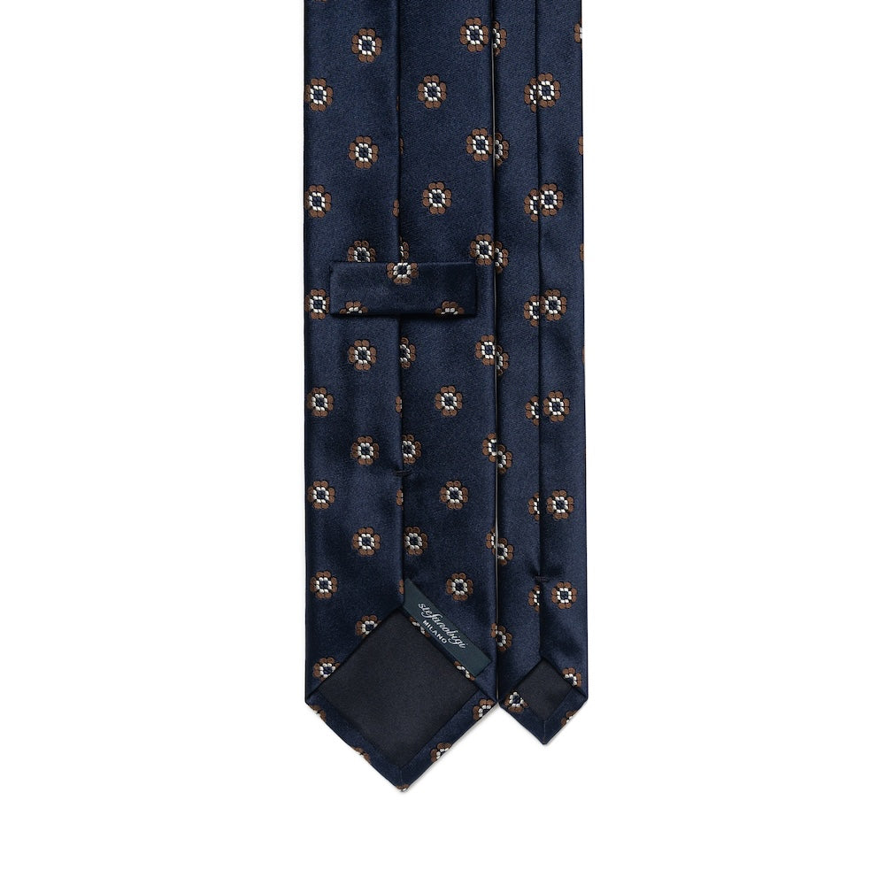 Brown Clover Pattern Dark Navy Satin Silk Tie