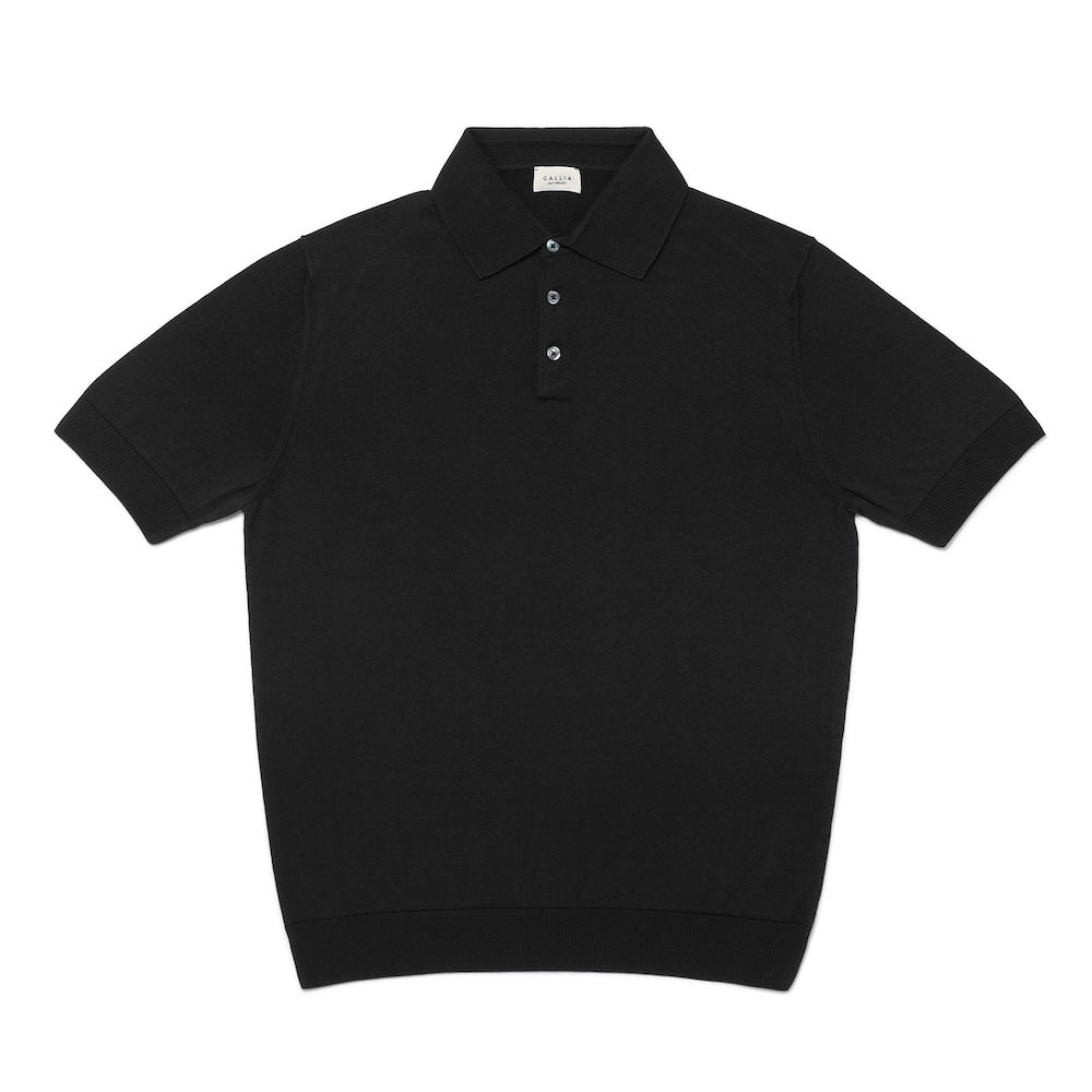 Jet Black Cotton Short-Sleeve Knit Polo