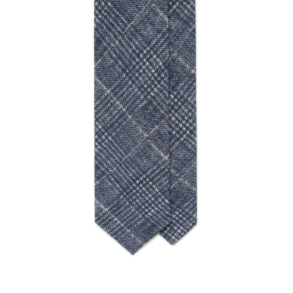 Denim Blue Glen Check Printed Cashmere Wool Tie