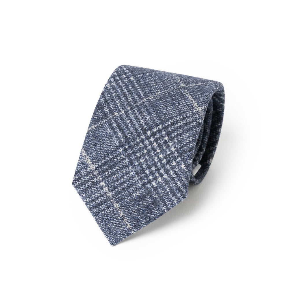 Denim Blue Glen Check Printed Cashmere Wool Tie