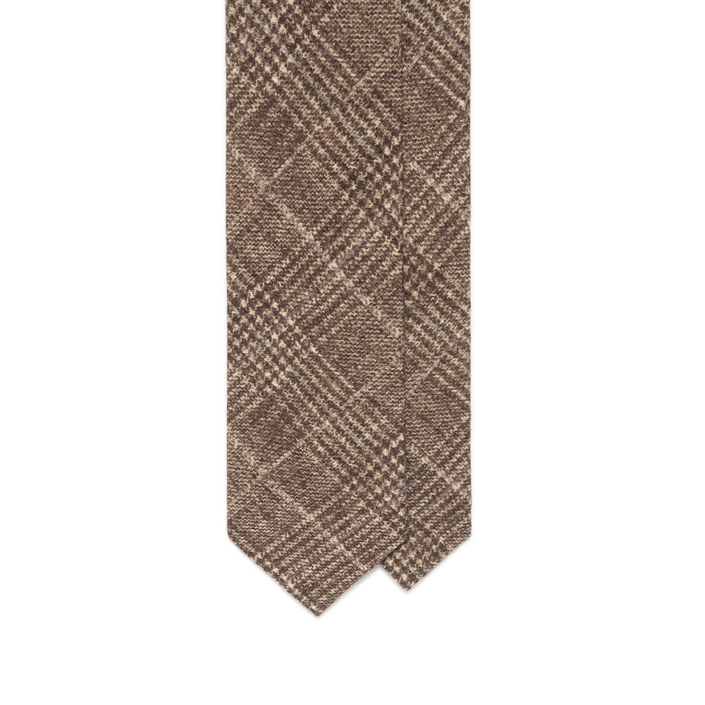 Taupe Brown Glen Check Printed Cashmere Wool Tie