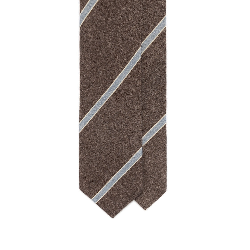 Ice Blue Stripe Taupe Brown Printed Cashmere Wool Tie