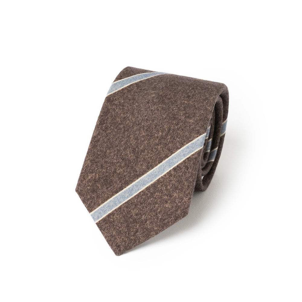 Ice Blue Stripe Taupe Brown Printed Cashmere Wool Tie