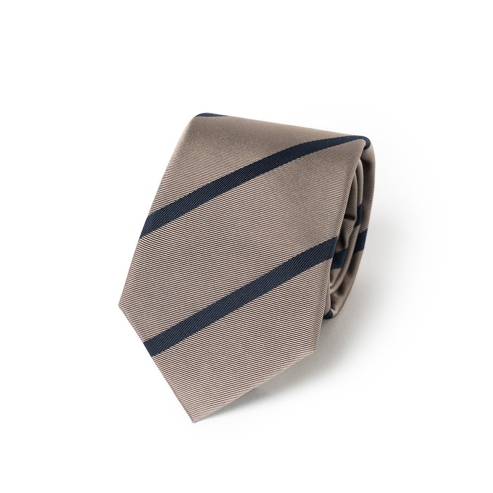 Navy Stripe Sand Beige Woven Silk Tie