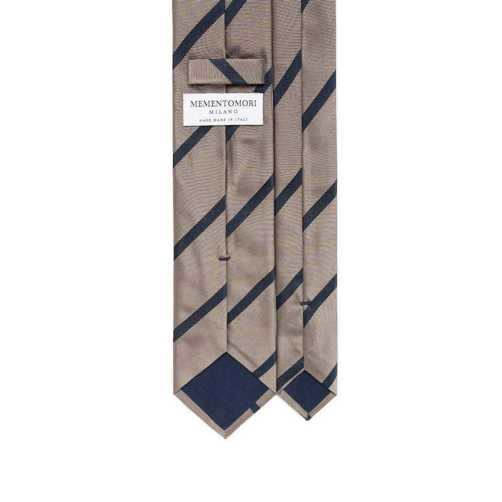 Navy Stripe Sand Beige Woven Silk Tie