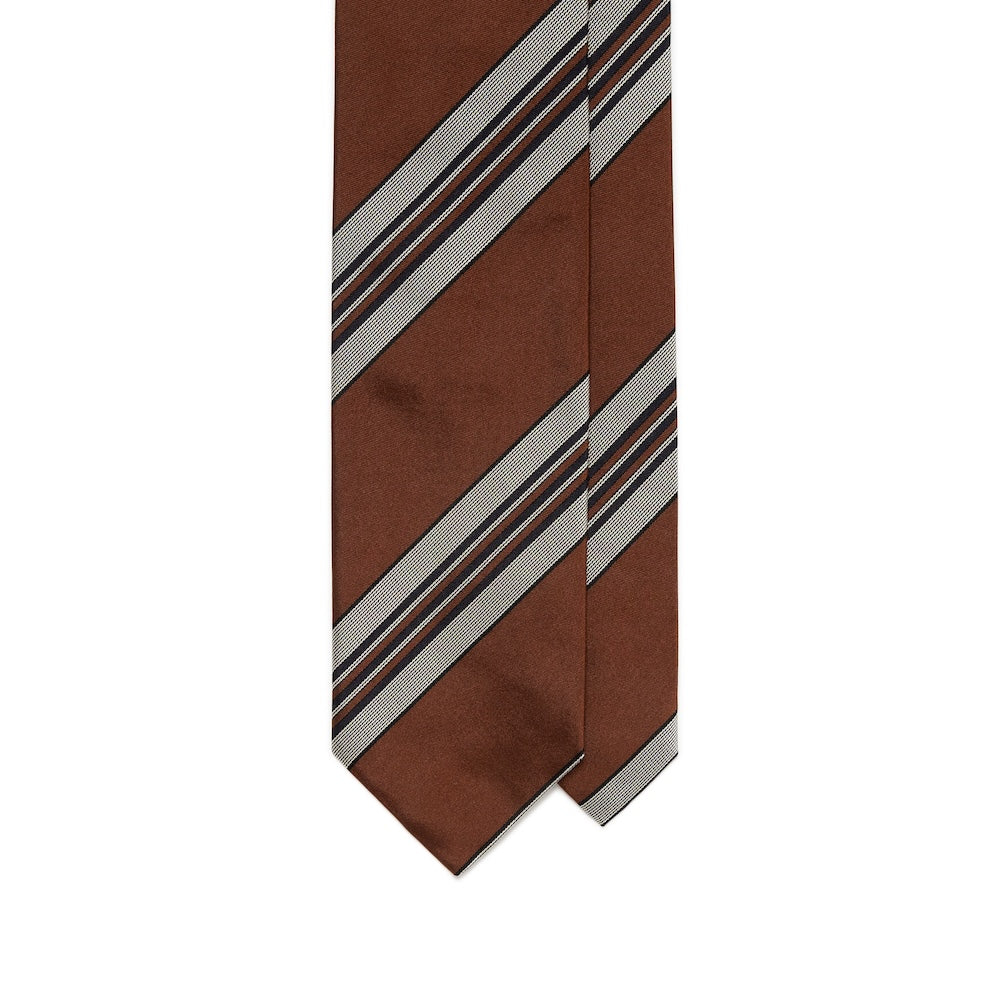 Multi-Stripe Rust Brown &amp; Silver Gray Woven Silk Tie
