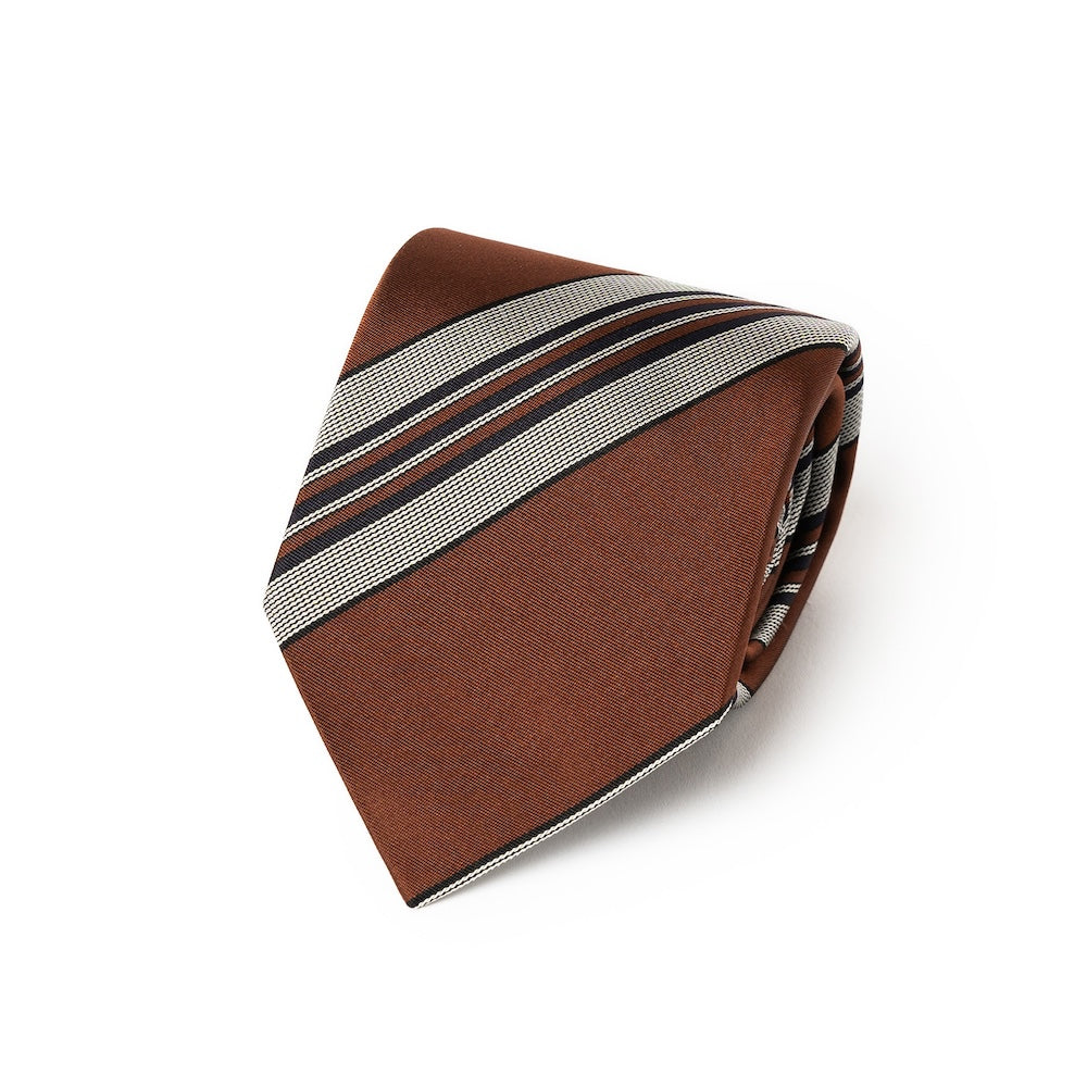 Multi-Stripe Rust Brown &amp; Silver Gray Woven Silk Tie