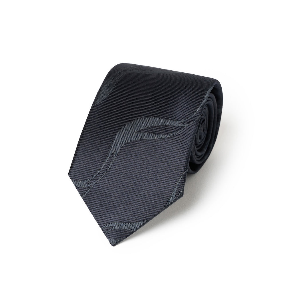 Tone-on-Tone Wave Pattern Dark Navy Woven Silk Tie