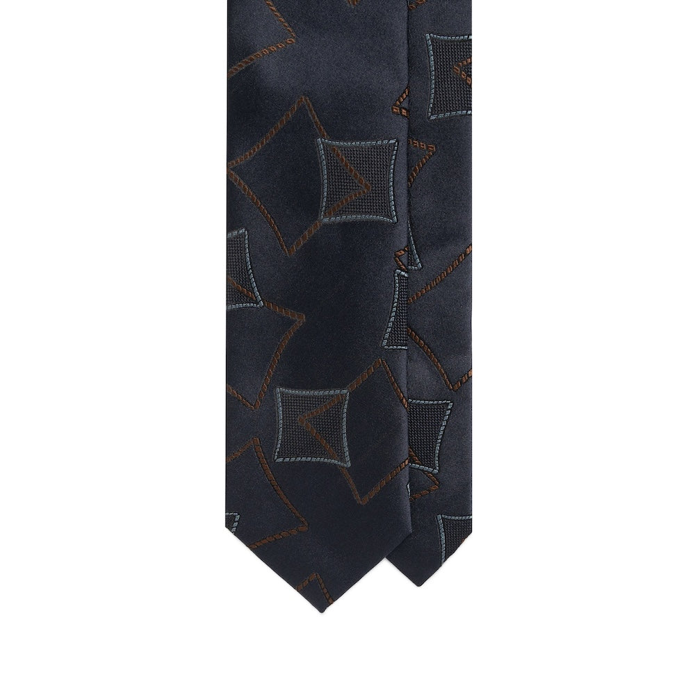Geometric Square Pattern Dark Navy, Brown, Blue &amp; Grey Woven Silk Tie
