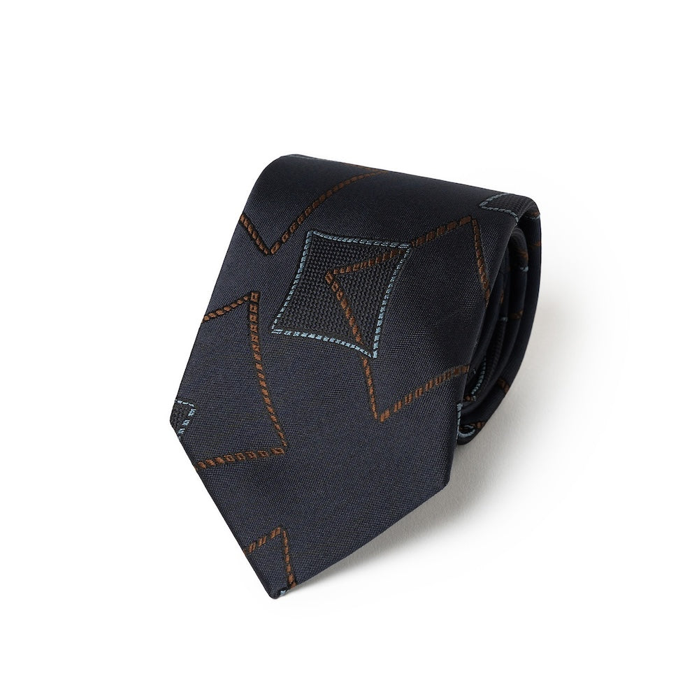 Geometric Square Pattern Dark Navy, Brown, Blue &amp; Grey Woven Silk Tie