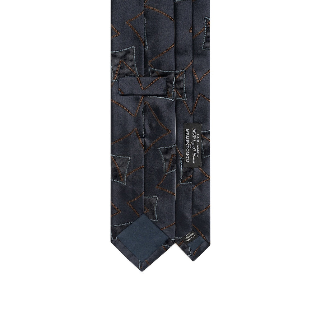 Geometric Square Pattern Dark Navy, Brown, Blue &amp; Grey Woven Silk Tie
