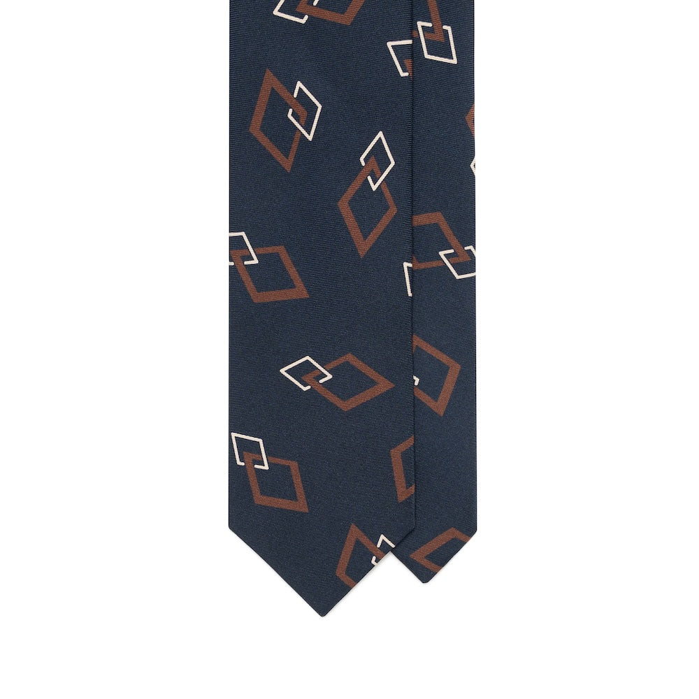 Diamond Link Pattern Navy, Rust Brown &amp; Ivory Printed Silk Tie