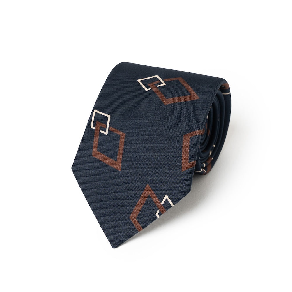 Diamond Link Pattern Navy, Rust Brown &amp; Ivory Printed Silk Tie