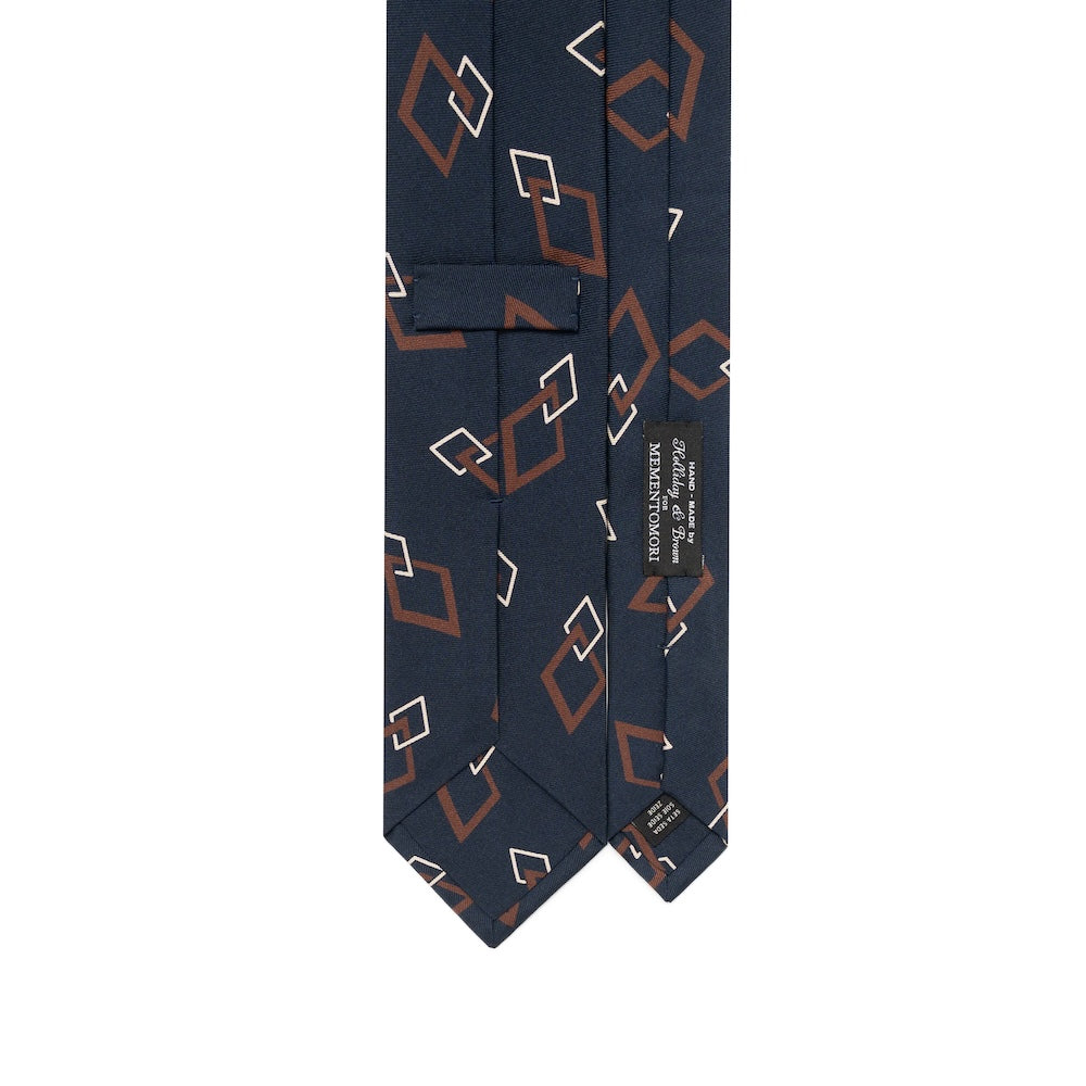 Diamond Link Pattern Navy, Rust Brown &amp; Ivory Printed Silk Tie