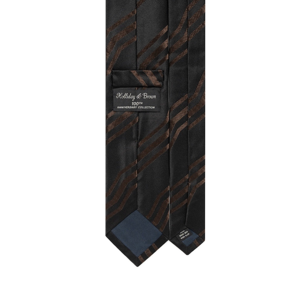 100th Anniversary Geometric Stripe Black &amp; Brown Woven Silk Tie