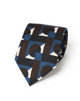 100th Anniversary Geometric Block Pattern Blue, Brown & Ivory Printed Silk Tie