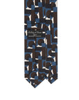 100th Anniversary Geometric Block Pattern Blue, Brown & Ivory Printed Silk Tie