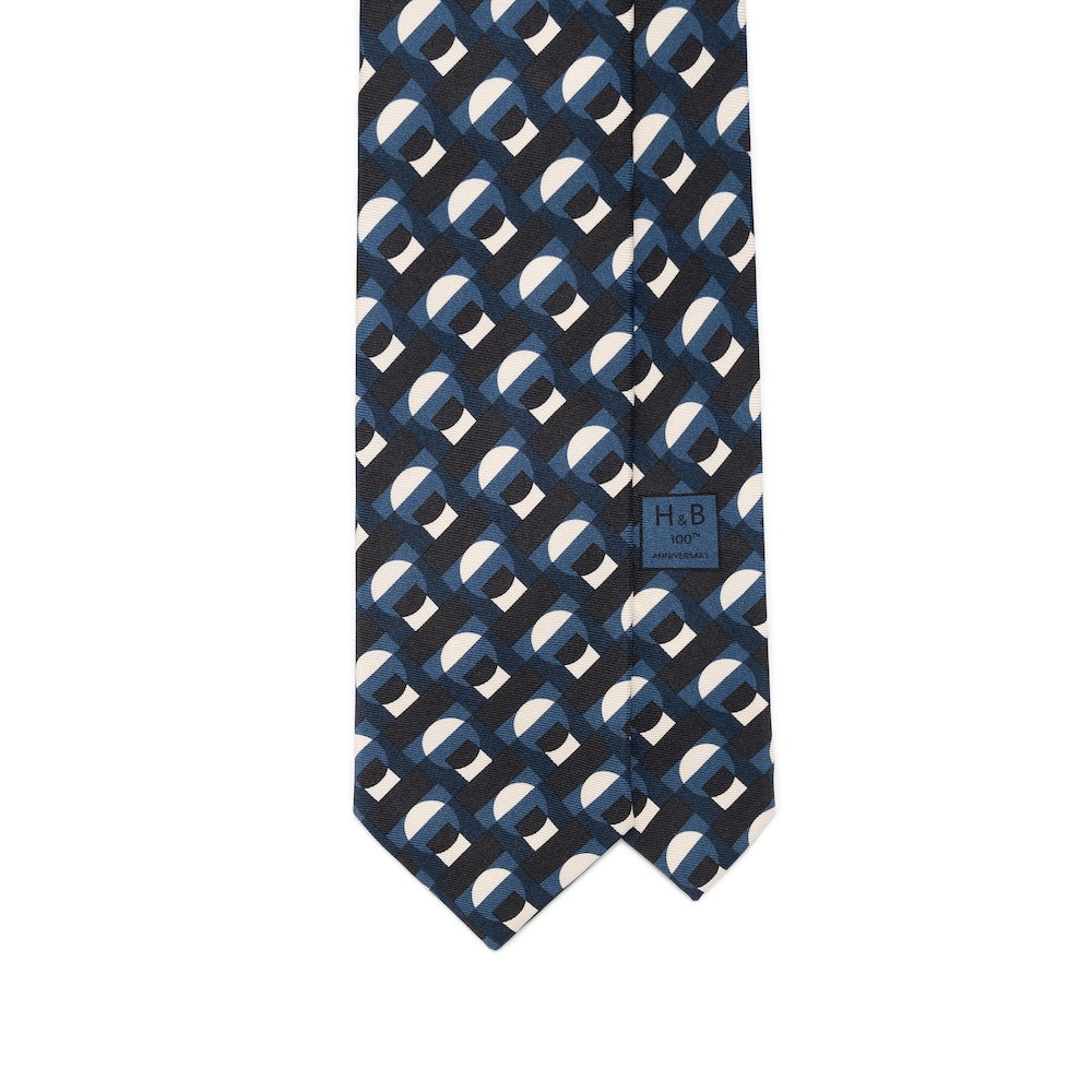 100th Anniversary Geometric Arch Pattern Blue, Black &amp; Ivory Printed Silk Tie