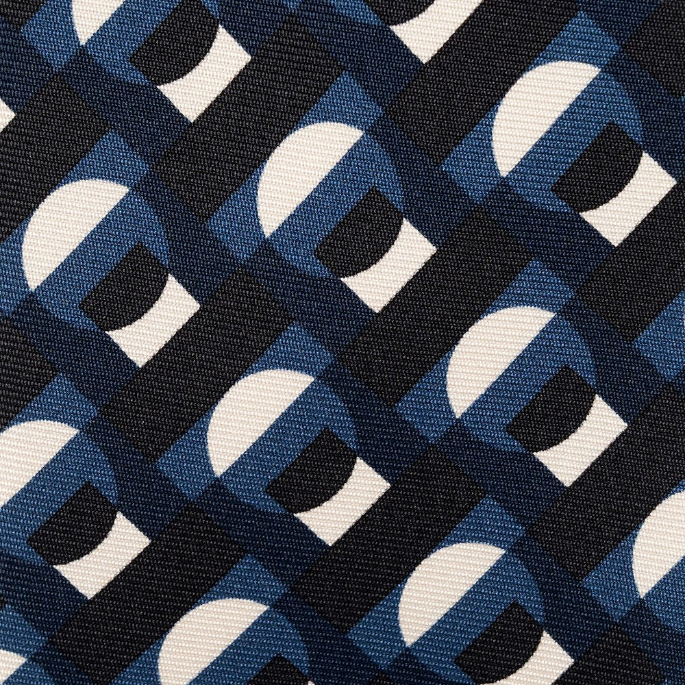 100th Anniversary Geometric Arch Pattern Blue, Black &amp; Ivory Printed Silk Tie