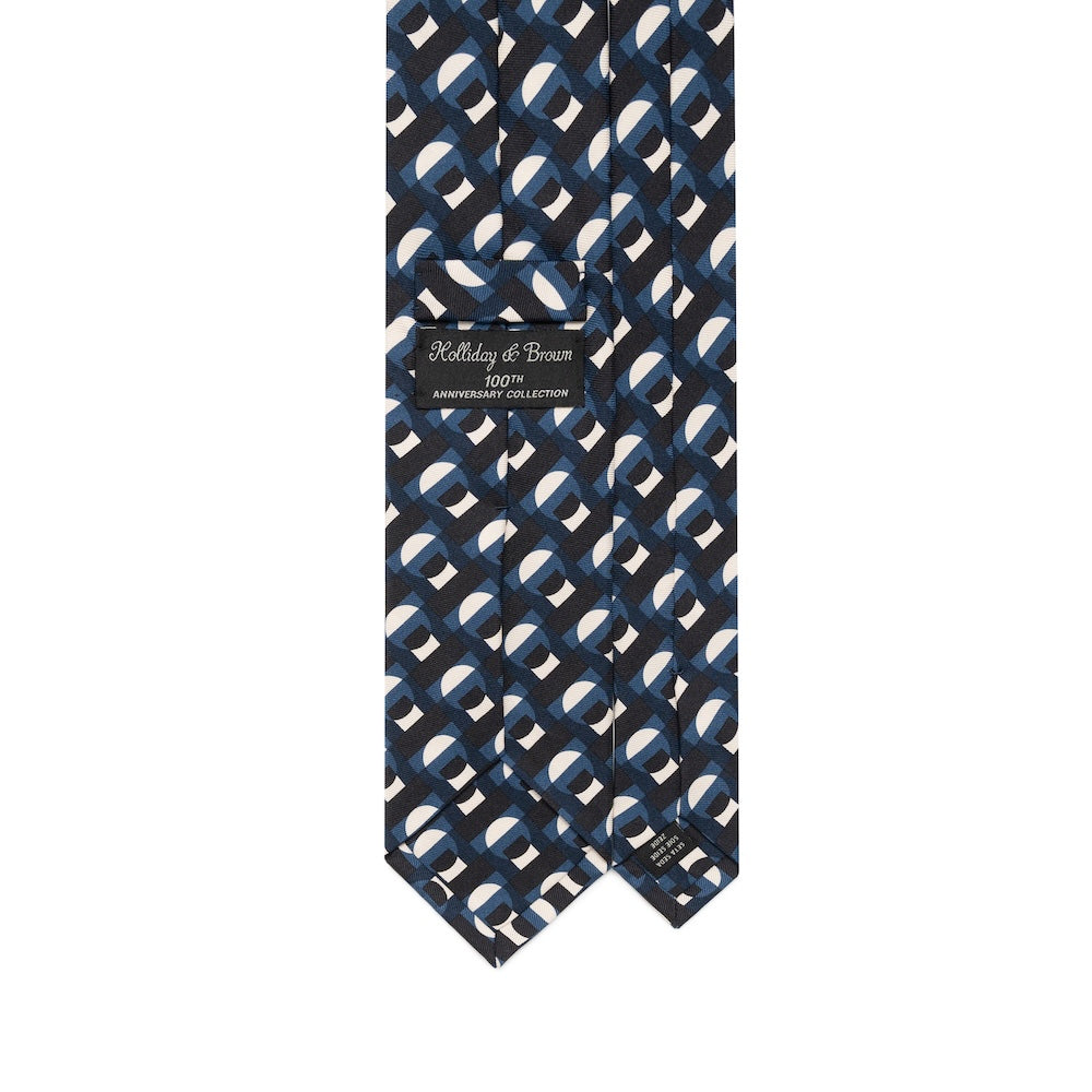100th Anniversary Geometric Arch Pattern Blue, Black &amp; Ivory Printed Silk Tie