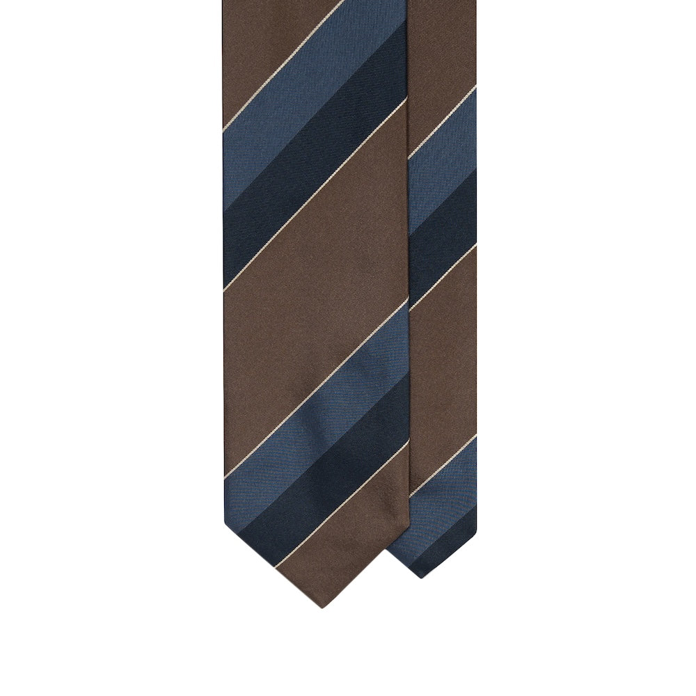Block Stripe Taupe Brown, Steel Blue &amp; Dark Navy Woven Silk Tie