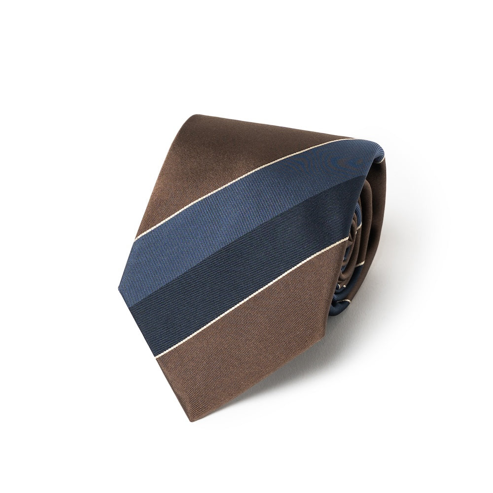 Block Stripe Taupe Brown, Steel Blue &amp; Dark Navy Woven Silk Tie