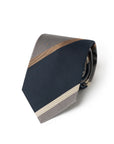 Signature Stripe Dark Navy, Silver Grey & Camel Brown Woven Silk Tie