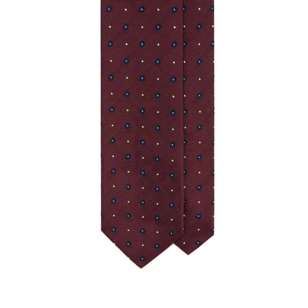 Navy Floral Dot Pattern Burgundy Woven Silk Tie