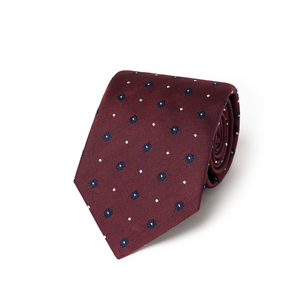 Navy Floral Dot Pattern Burgundy Woven Silk Tie