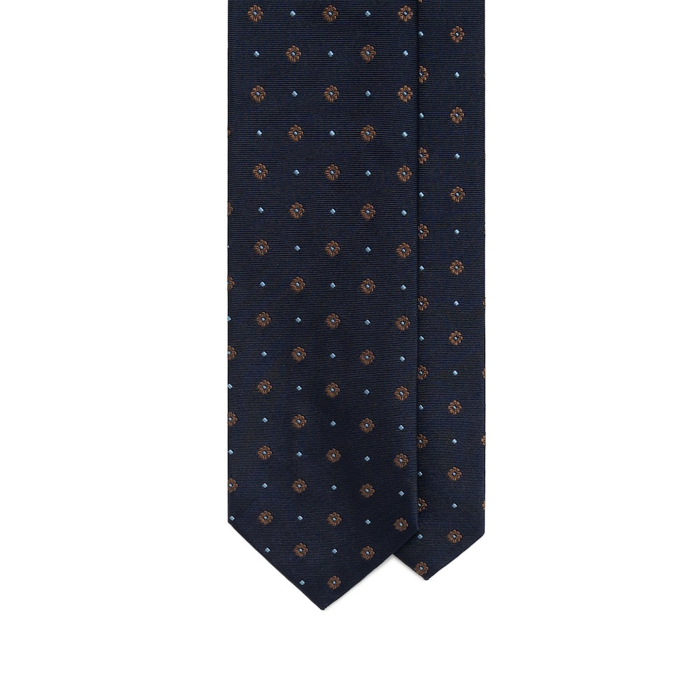 Brown Floral Dot Pattern Dark Navy Woven Silk Tie