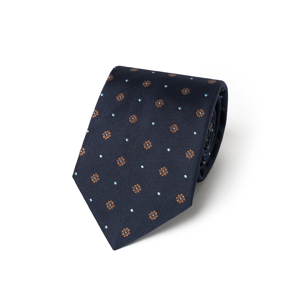Brown Floral Dot Pattern Dark Navy Woven Silk Tie