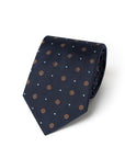 Brown Floral Dot Pattern Dark Navy Woven Silk Tie