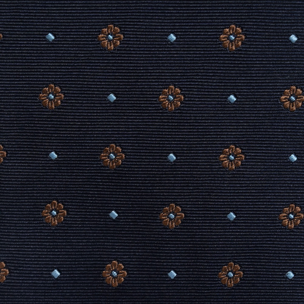 Brown Floral Dot Pattern Dark Navy Woven Silk Tie