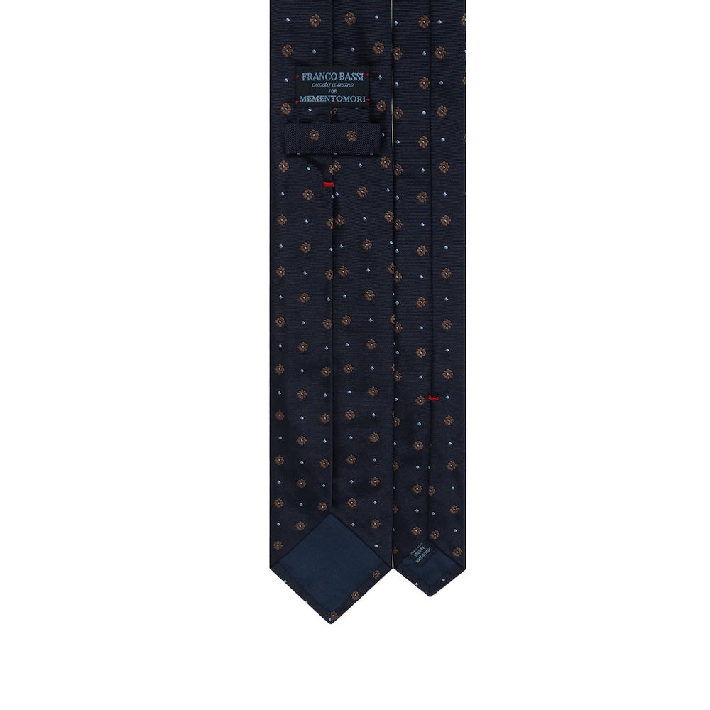 Brown Floral Dot Pattern Dark Navy Woven Silk Tie