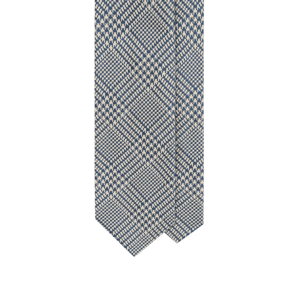Glen Check Pattern Blue &amp; Ivory Woven Silk Tie