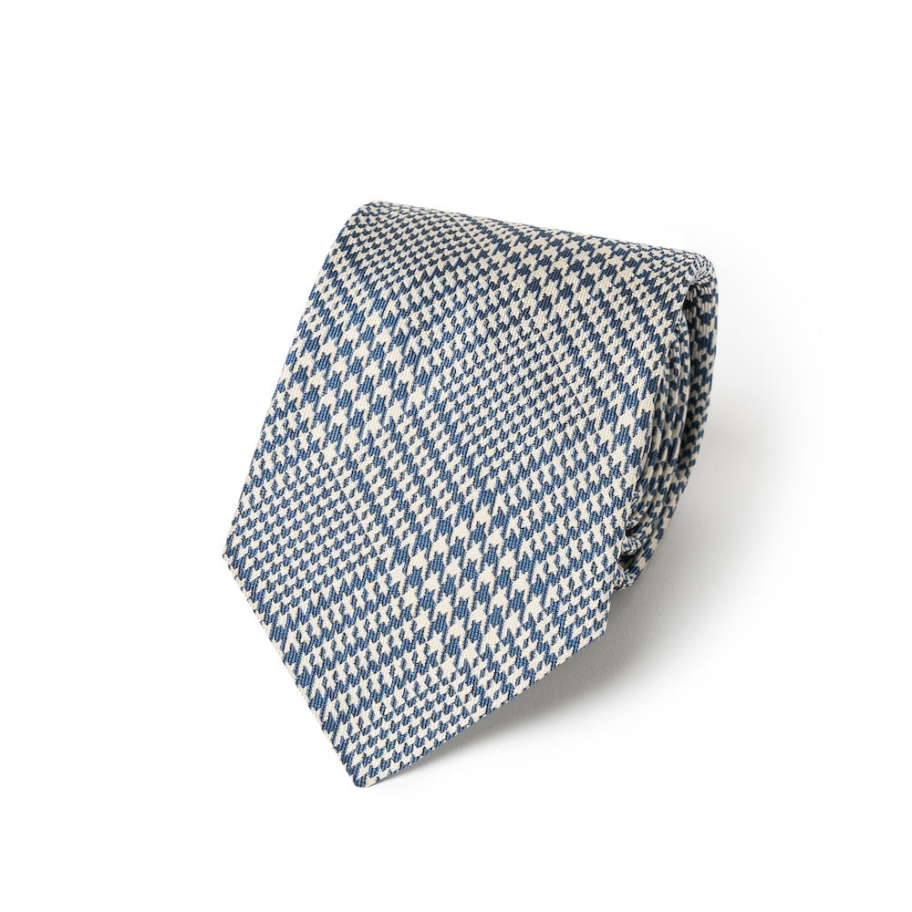 Glen Check Pattern Blue &amp; Ivory Woven Silk Tie