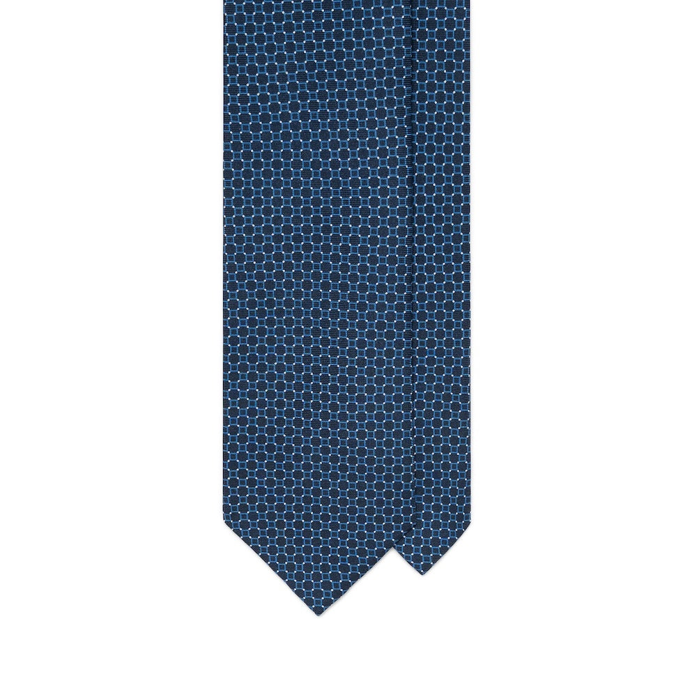 Blue Geometric Square Pattern Dark Navy Printed Silk Tie