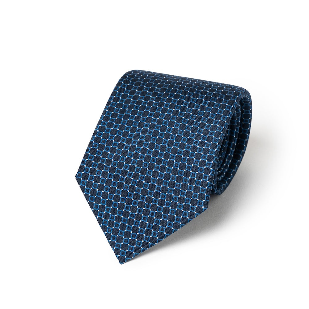 Blue Geometric Square Pattern Dark Navy Printed Silk Tie