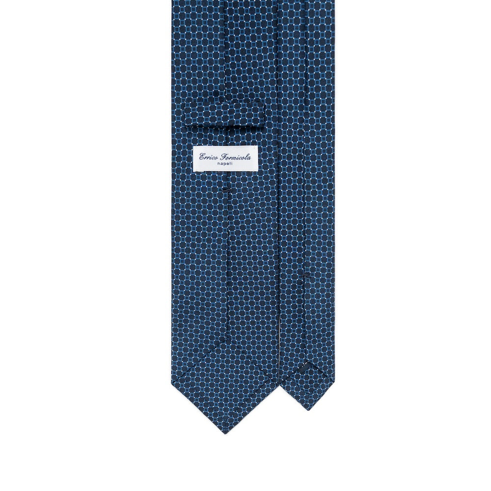 Blue Geometric Square Pattern Dark Navy Printed Silk Tie