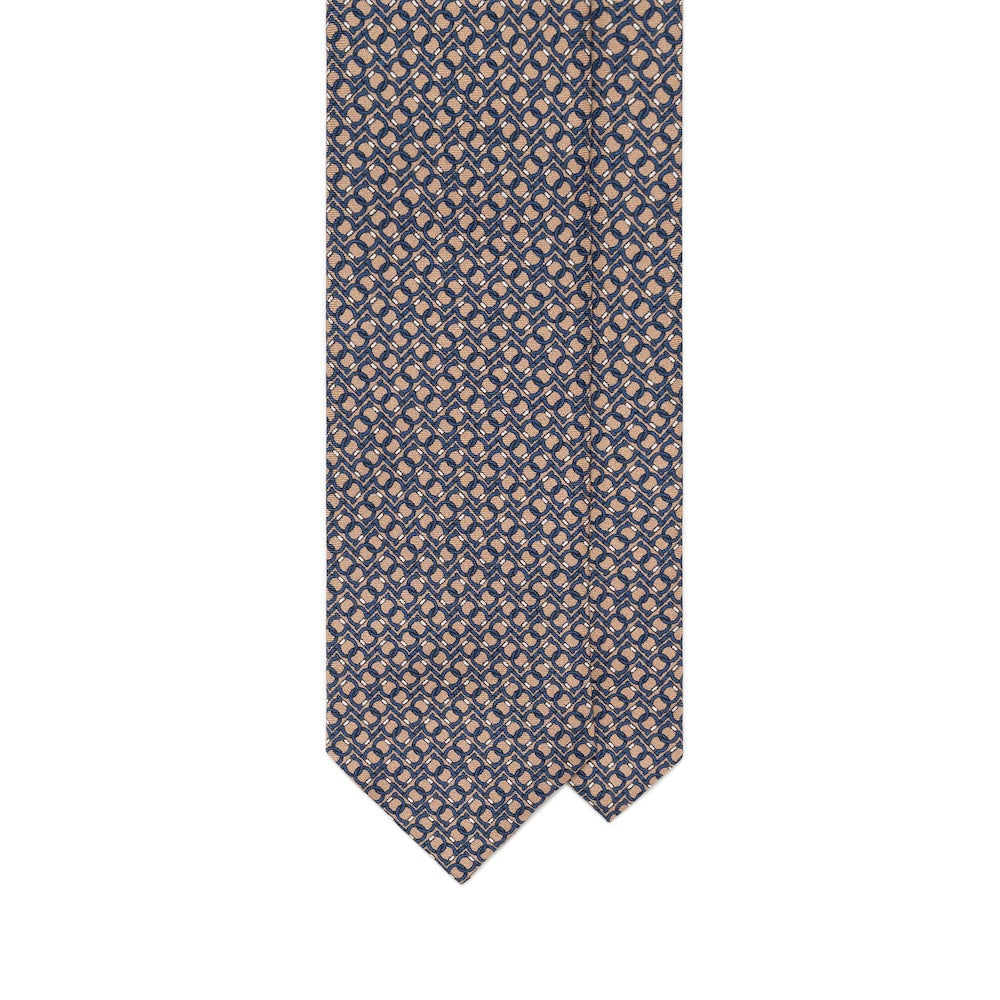 Chain Link Pattern Sand Beige &amp; Navy Printed Silk Tie