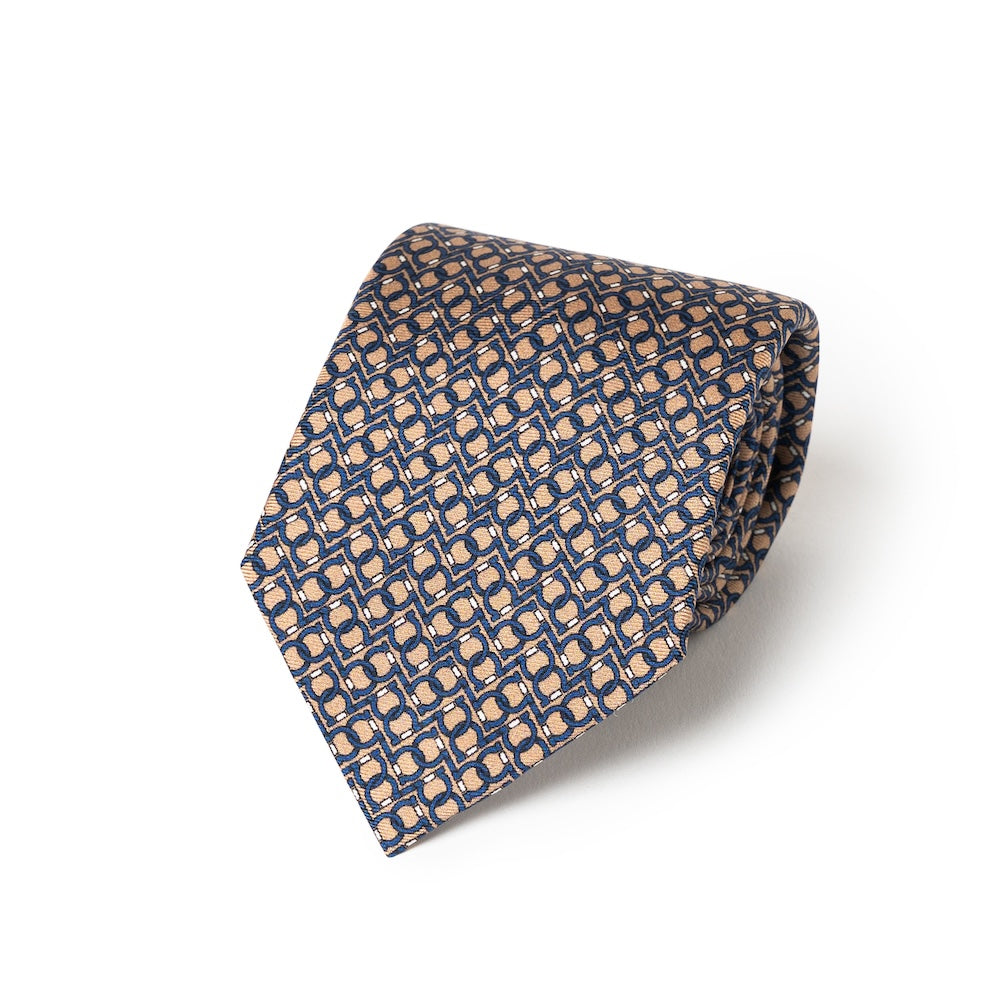 Chain Link Pattern Sand Beige &amp; Navy Printed Silk Tie