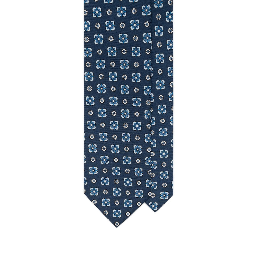Blue Floral Medallion Pattern Navy Printed Silk Tie