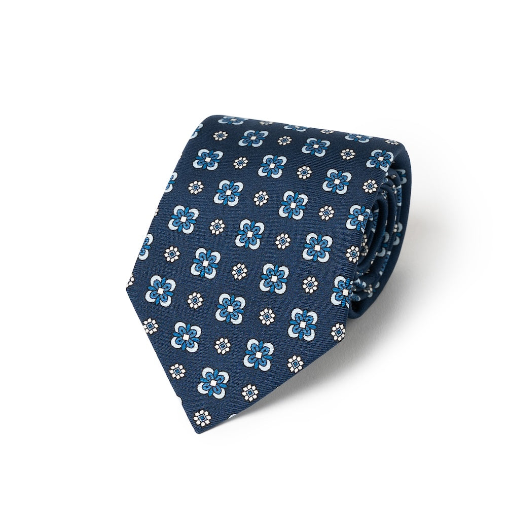 Blue Floral Medallion Pattern Navy Printed Silk Tie