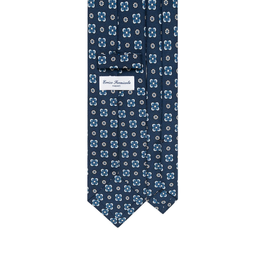 Blue Floral Medallion Pattern Navy Printed Silk Tie